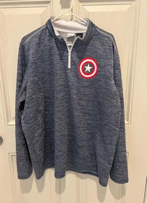Marvel women’s  Heather Navy Quarter-Zip Sweatshirt with Captain Shield Patch thumbnail 1