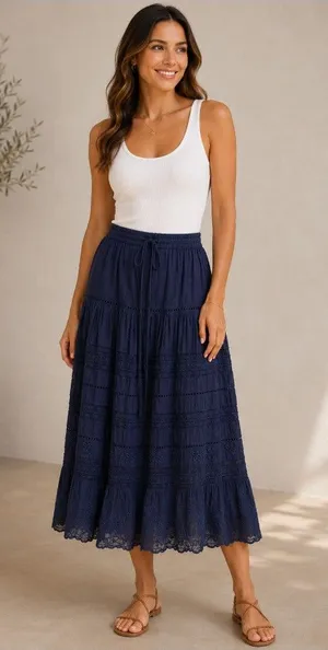 LoveShackFancy Skirt Womens Medium Blue Floral Lace Maxi Boho Tiered Embroidered thumbnail 1