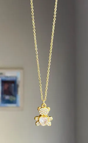 Handmade gold tone stainless steel teddy bear cute retro necklace🧸 thumbnail 3