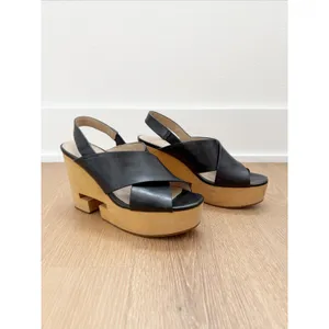 Tory Burch Black T Criss-Cross Wood Wedge Platform Boho Chunky US 6.5 thumbnail 2
