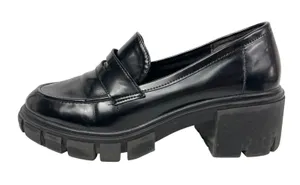 Crown Vintage Women's Black Leather Slip On Chunky Platform Loafer Shoes Sz 7.5 thumbnail 1