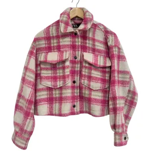 Zara Pink Plaid Cropped Shacket Jacket Size XS Fall Oversized thumbnail 1