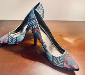 Size 8 Black, blue, and red shoes-geometric patterned heels with a 3.5" heel thumbnail 1