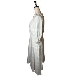 Maison Tara Midi Dress Womens 10 White Striped Excellent Ruffle Wrap V-Neck Puff thumbnail 4