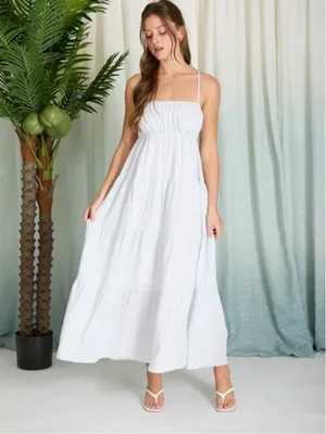 NEW Blu Pepper Denim Blue Stripe Shirred Empire Waist Tiered Midi Dress Medium thumbnail 6