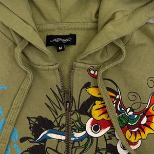 Ed Hardy Butterflies Y2K Olive Green Full Zip Cropped Hoodie Sweatshirt Medium thumbnail 3