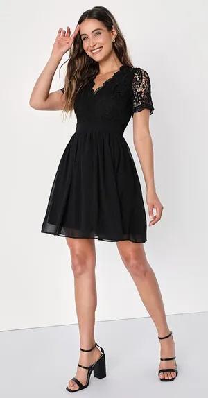 Lulus | Angel in Disguise Black Lace Skater Dress, Size M thumbnail 1