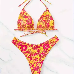 Shein Pink and Yellow Floral Print Two Piece Bikini Size Small thumbnail 2