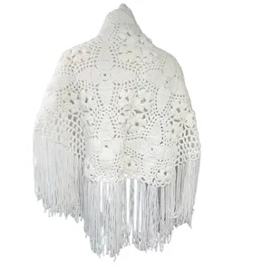 Hand Crafted Crotched Off White Fringed Hem Shawl thumbnail 3