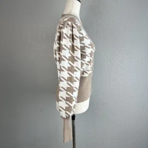 Joie Crop Houndstooth V-Neck‎ Button Cardigan Size XS Puff Sleeve Beige White thumbnail 6