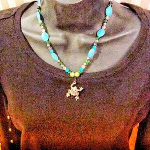 2$30 New silver frog necklace on beaded chain in blue thumbnail 2