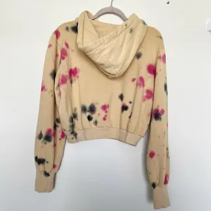 NEW AFRM Cropped Hoodie Sweatshirt SMALL Beige Tan Pink Tie Dye Drawstring NWT thumbnail 9
