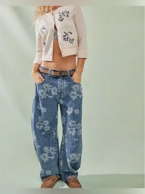 NWT Free People We The Free Good Luck Printed Barrel Jeans - laser Daisy - 33 thumbnail 9