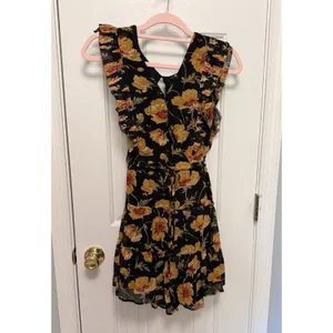 100% Silk Floral Ruffle Tiered Mini Dress PAIGE‎ Turmeric Poppy M Luxe Boho thumbnail 2