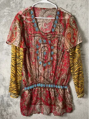 Vintage Boho Paisley Tunic Top Beaded Neckline Sheer‎ Blouse Peasant Festival XL thumbnail 1