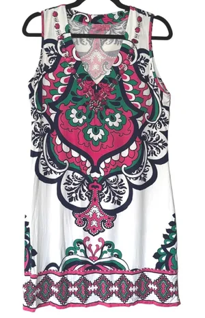 Joyous & Free Large Pink Green Paisley Beaded V-Neck Sleeveless‎ Shift Dress thumbnail 1