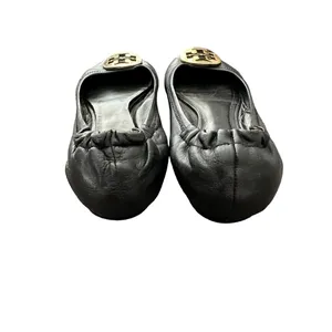 Tory Burch Reva Black Leather Gold Logo Medallion Ballet Flats Size 7 thumbnail 4