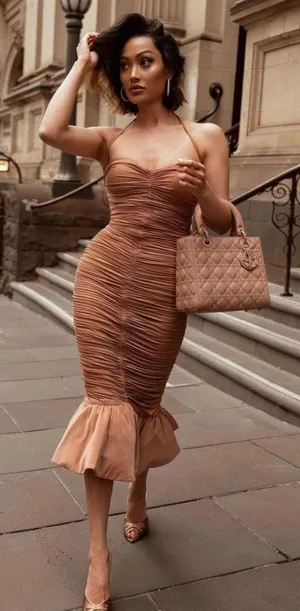 House Of CB "Claudine" Tan Ruffle dress thumbnail 1