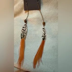 Feather Drop Earrings with Orange and Black Accents thumbnail 4