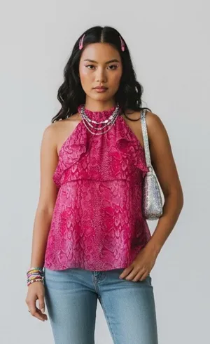 BCBGMaxAzria Ruffled Pink Snake Print Silk Halter Blouse Top Azaelea SMALL thumbnail 1