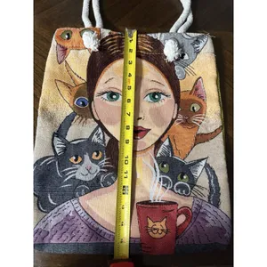 Handmade Artistic Tapestry Cat Lady Tote Bag With Rope Handles Coffee Mug Whimsical Boho thumbnail 3