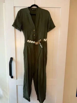 Zara Olive Green Short-Sleeve Utility Jumpsuit with Woven Belt thumbnail 3
