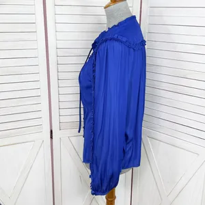 Loft Ruffle Trim Tie Neck Button Up‎ Blouse Long Sleeve Lapis Blue Small thumbnail 3