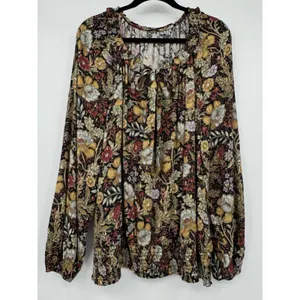 DR2 by Daniel Rainn Black Blouse Sz XL Multi Floral Metallic Gold Tie Front Boho thumbnail 3
