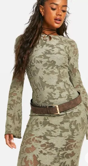 Boohoo khaki dress long sleeve lace thumbnail 2