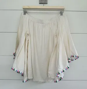 Altar’d State Women’s White Medium Linen Blend Tassel Strapless Blouse thumbnail 1