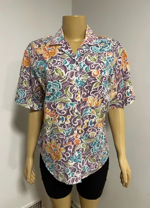 Picture Perfect Vintage Floral Button Down Shirt Short Sleeve Purple Teal Large thumbnail 1