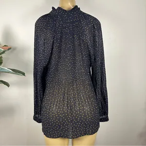 Ann Taylor Chiffon Blouse Sz M Navy Blue Pleated Loose Shirt Top thumbnail 7