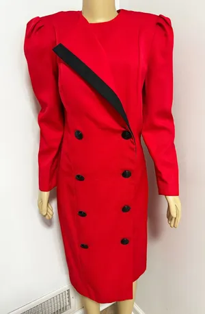 The Jones Girl Vintage 80s Red Double Breasted Puff Shoulder Sheath Dress 12 thumbnail 1