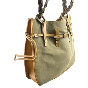 Gucci Women's Gray Green Braided Leather Straps Canvas Tote Shoulder Hand Bag thumbnail 4