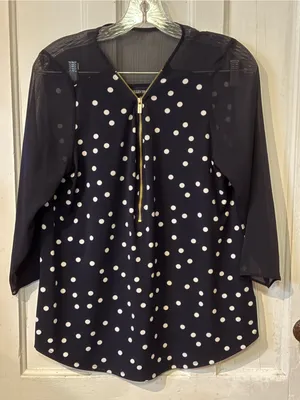 Ellen Tracy Navy & White Polka Dot Zip-Front Blouse thumbnail 1
