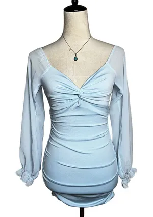 Lucy in the Sky‎ Baby Blue Mesh Sleeve Mini Dress XS | Romantic Pastel Soft Girl thumbnail 1
