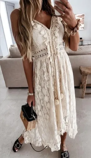 Boho Lace High-Low Maxi Dress with Tassel Accents Size Large NWT thumbnail 1