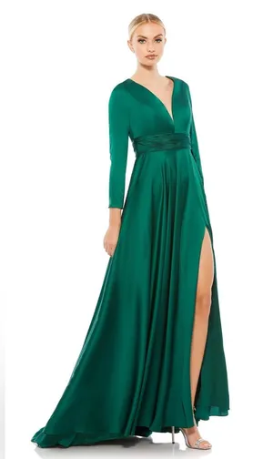 Ieena for Mac Duggal Long Sleeve Satin A-Line Maxi Dress Gown Emerald Green 10 thumbnail 1