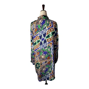 Joy Joy Dress Women Medium Blue Green Abstract‎ Long Sleeve Ruffle Neck Mini thumbnail 2