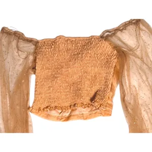 Peach brand Crop Top XS Sheer Star Mesh Balloon Sleeve Ruched Gold ballet fairy thumbnail 3