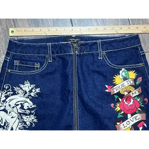 Ed Hardy Denim Mini Skirt Y2K Panther Rose Tattoo Blue Size Large Full Zip Retro thumbnail 6