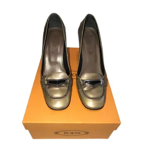 Vintage Tods Bronze Green Metallic Leather Block Heel Loafers 37.5 Y2K 90s thumbnail 3