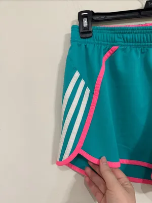 Adidas Colorful Running Drawstring Shorts Teal Pink Trim Three White Stripes S thumbnail 5