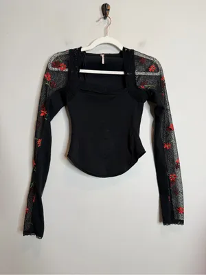 Free People Jolie Thermal Top XS Black Floral Mesh Lace Long Sleeve Boho thumbnail 3