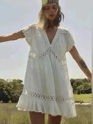 Free People Marissa White Embroidered Mini Dress size small Boho Festival thumbnail 1