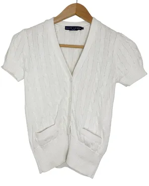 Ralph Lauren Off White Classic Cable-Knit Cardigan Short Sleeve Sweater size S thumbnail 1