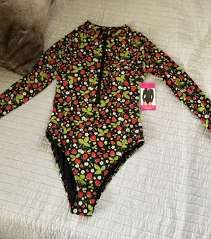Betsy Johnson one piece, black strawberry, print, zip long sleeve swimsuit L nwt thumbnail 1