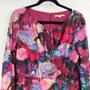 Gianni Bini Floral Dress Lined Balloon Sleeves Flirty Tie Front Keyhole medium thumbnail 3