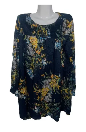 Zara Basic Z1975 Denim Floral Flare Bell Sleeve Empire Waist Dress Botanical thumbnail 1