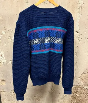 Reed St. James Blue Moose Print Nordic Wool Knit Sweater USA Made Large L 90s thumbnail 4